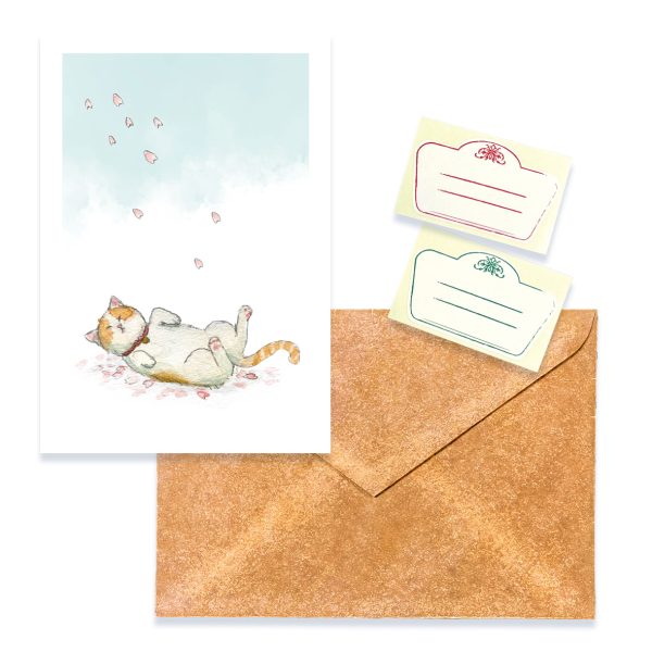 POST CARD＆WAX ENVELOPE 桜と猫  （1枚入り×６セット）