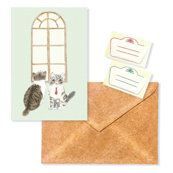 POST CARD&WAX ENVELOPE　ねこ窓（6セット） - 画像 (2)