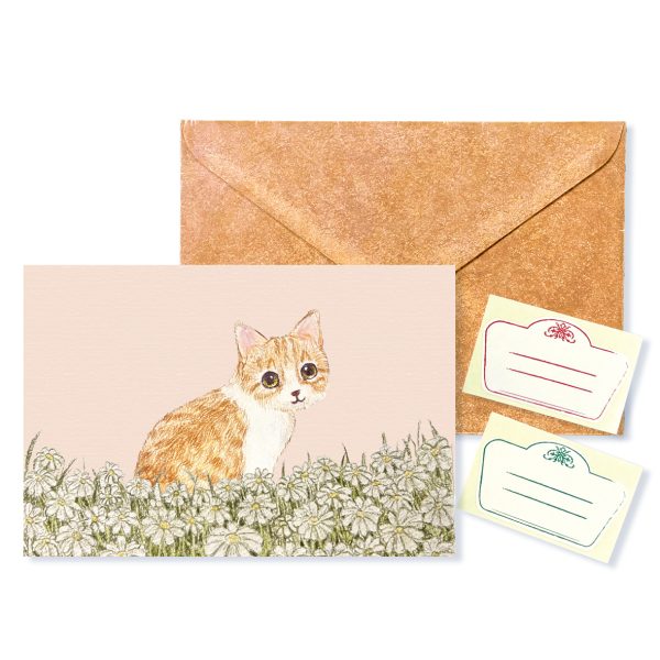 POST CARD&WAX ENVELOPE　ねこ花畑（ブルー）（6セット） - 画像 (2)