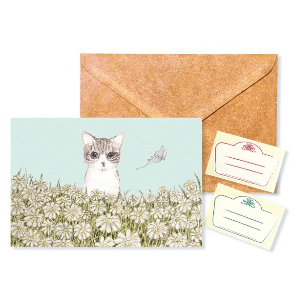 POST CARD&WAX ENVELOPE　ねこ花畑（ピンク）（6セット） - 画像 (2)